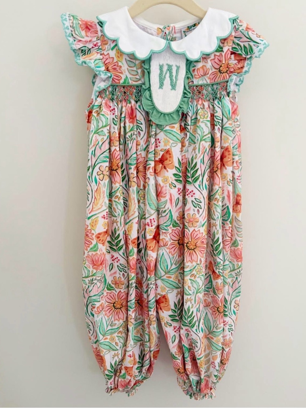 Girls Floral Fall Romper with Monogram “W” Panel